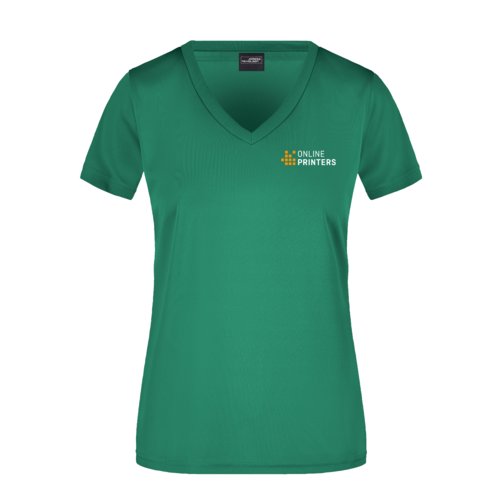 T-shirt de sport vert pour femme avec col en V et manches courtes.