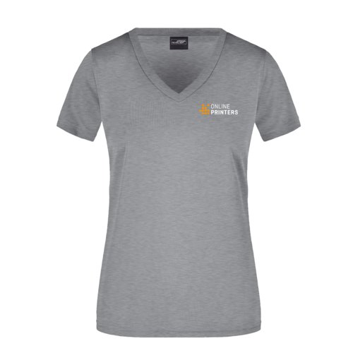 T-shirt en polyester gris chiné à col en V pour femme.