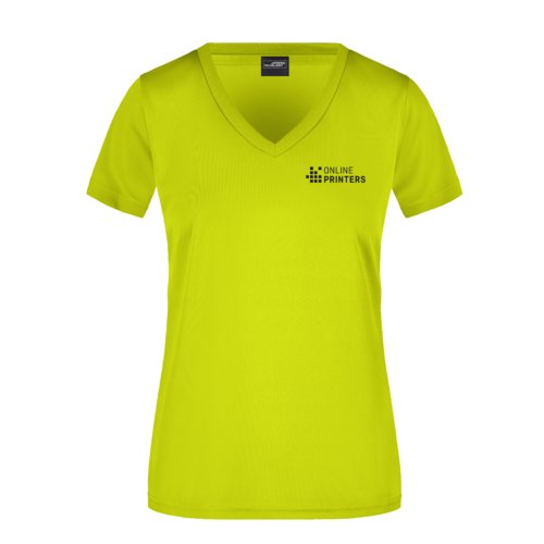 T-shirt en polyester jaune néon à col en V pour femmes.