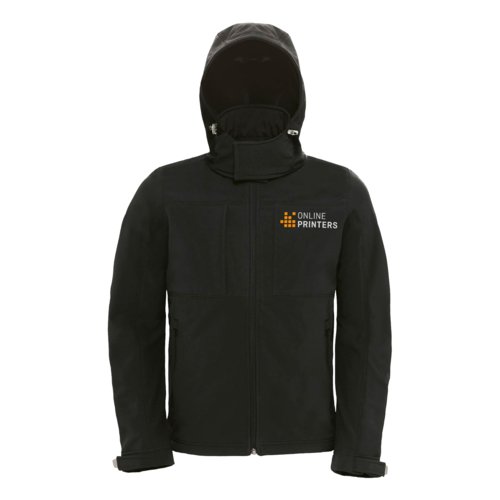 Veste softshell avec capuche, fermeture clair et plusieurs poches.