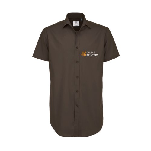 Chemise  manches courtes marron fonc en coton avec lasthanne et patte de boutonnage.