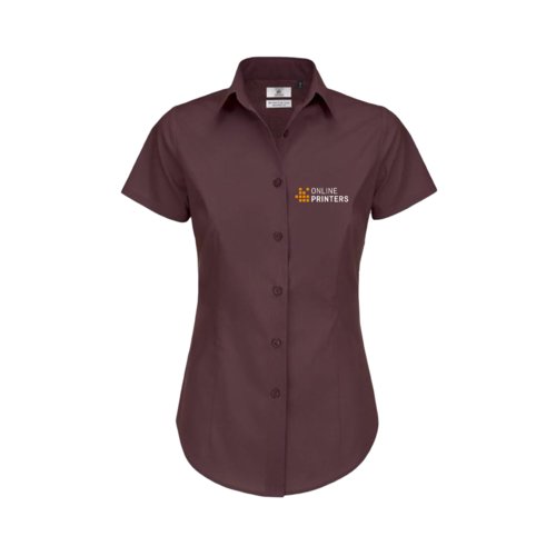 Blouse bordeaux en coton mlang  manches courtes et patte boutonne.