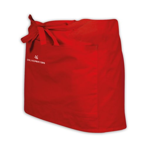 Tablier rouge en coton avec poche plaque et liens.