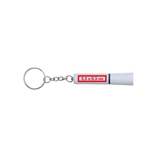 Porte-clés en plastique blanc avec lumière LED et anneau métallique.