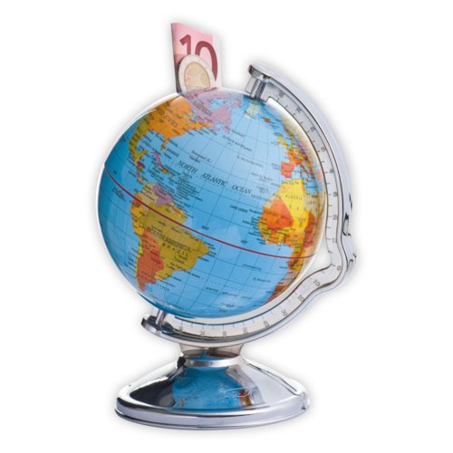 Tirelire en forme de globe avec fente et base argentée.