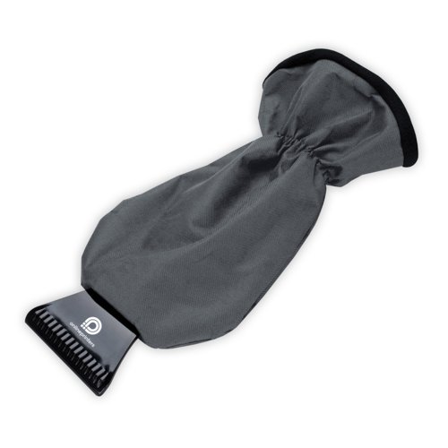 Grattoir à glace gris avec gant et manchette élastique.