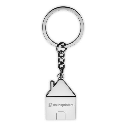Porte-clés en métal en forme de maison avec anneau.