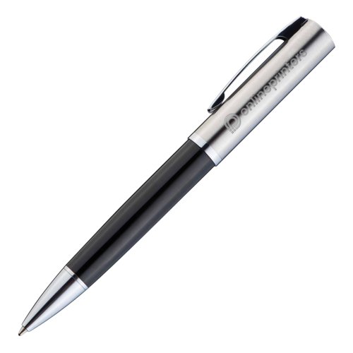 Stylo à bille en métal avec clip et mécanisme à pression.