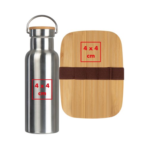 Bouteille en acier inoxydable argent avec couvercle en bambou et une bote  lunch en bambou avec un lastique.
