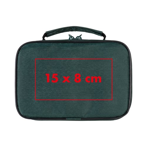 Sac vert avec fermeture clair et poigne de transport.
