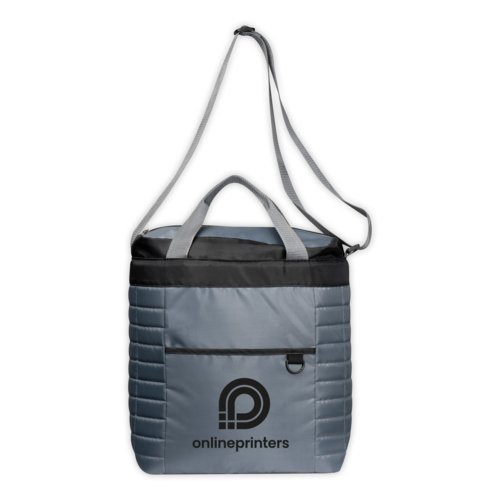 Sac isotherme gris en tissu avec poignées et bandoulière.