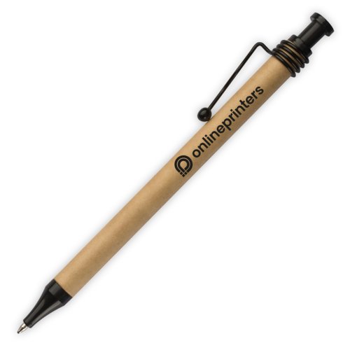 Stylo à bille en carton marron avec clip et mécanisme à poussoir.