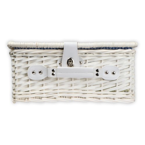 Panier de pique-nique en osier blanc avec poignée et fermeture.