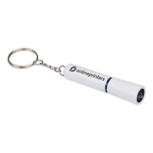 Porte-clés blanc avec lumière LED et anneau métallique.