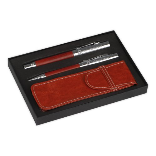 Ensemble d'criture marron avec stylo  bille, stylo plume et tui.