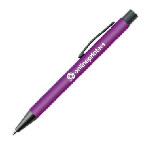 Stylo  bille violet en plastique avec clip et bouton poussoir.