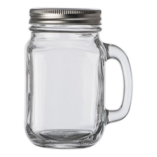 Verre transparent avec anse et couvercle à vis.