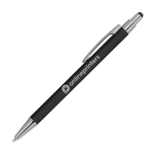 Stylo à bille en métal noir avec fonction tactile et clip.