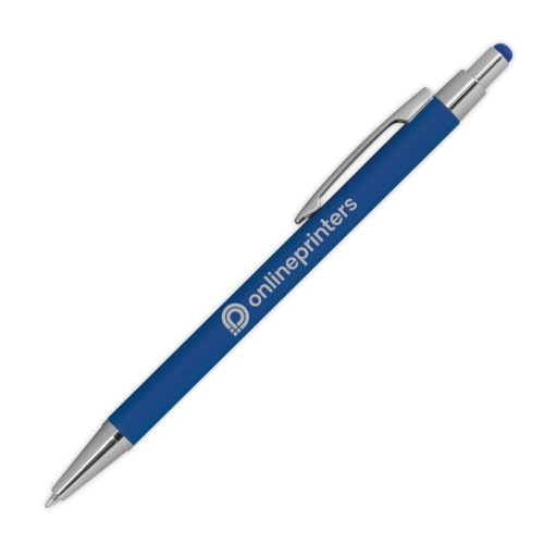 Stylo à bille en métal bleu avec fonction tactile et clip.