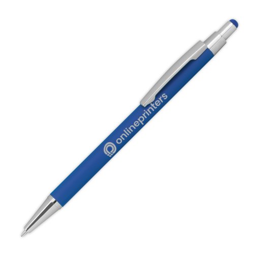 Stylo à bille en métal bleu avec fonction tactile et clip.