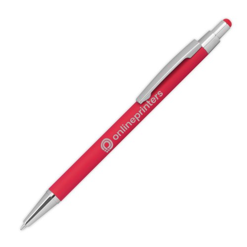 Stylo à bille en métal rouge avec fonction tactile et clip.