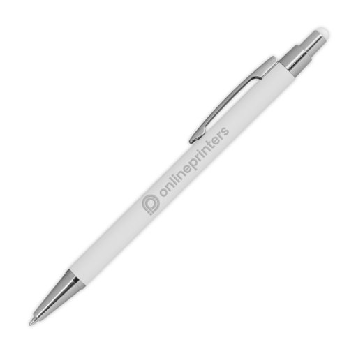 Stylo à bille en métal blanc avec fonction tactile et clip.