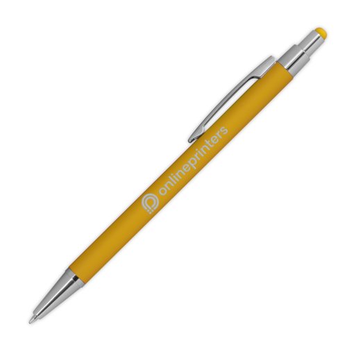 Stylo à bille en métal jaune avec fonction tactile et clip.