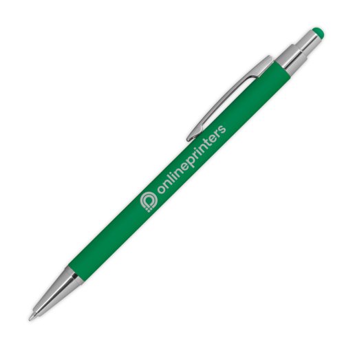 Stylo à bille en métal vert avec fonction tactile et clip.
