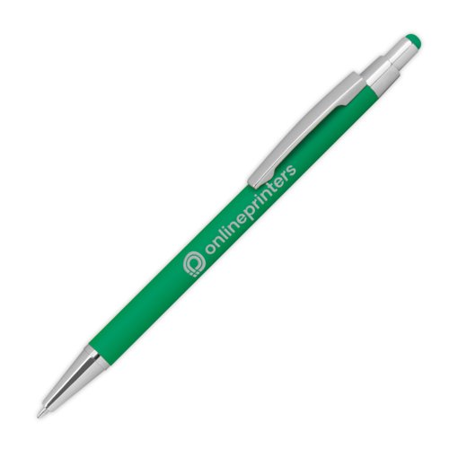Stylo à bille en métal vert avec fonction tactile et clip.