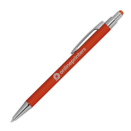 Stylo à bille orange en métal avec fonction tactile et clip.