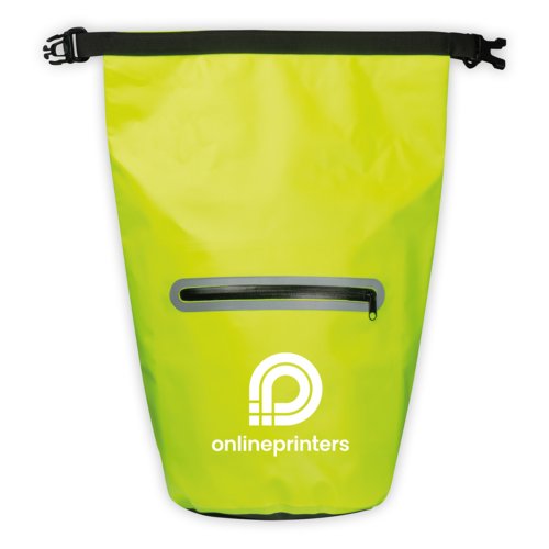Sac jaune étanche avec fermeture à enroulement et poche extérieure.