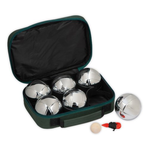 Jeu de boules argent avec sac, cochonnet et outil de mesure de distance.