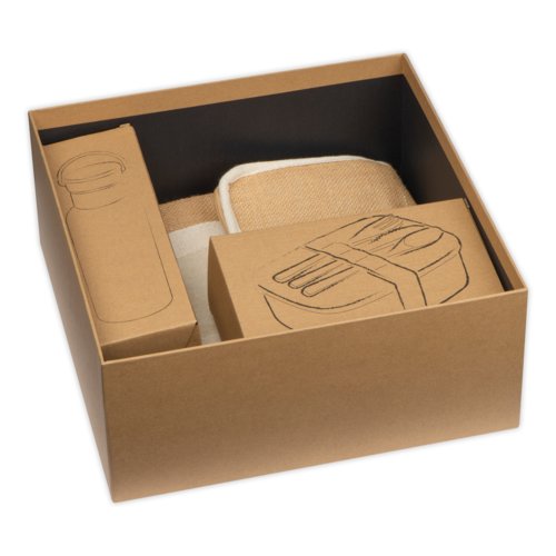 Coffret cadeau avec divers produits dans une bote.