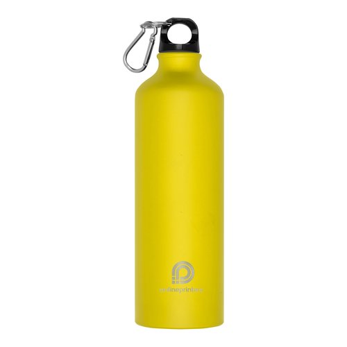 Bouteille d'eau en métal jaune avec mousqueton.