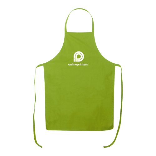 Tablier en coton vert pomme avec tour de cou rglable et longues lanires.