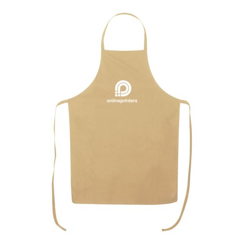 Tablier beige en coton avec tour de cou rglable et longues lanires.