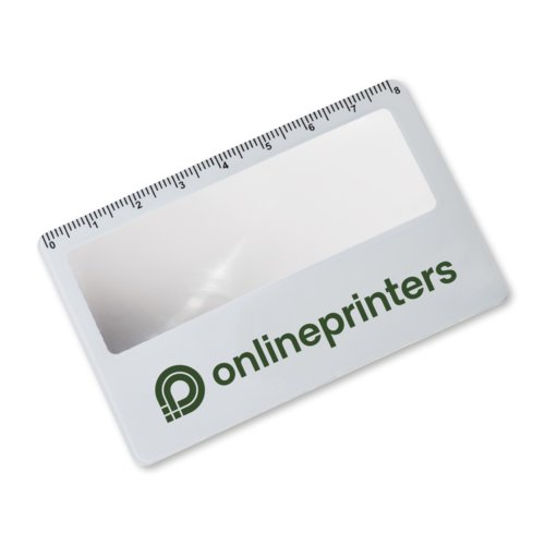 Loupe en plastique blanc format carte avec échelle de mesure.