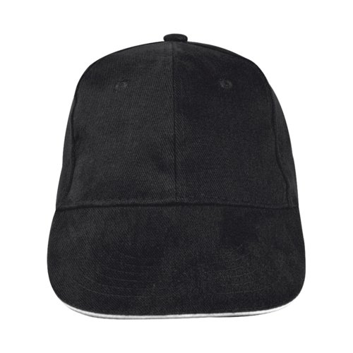 Casquette de baseball noire en tissu à six panneaux.