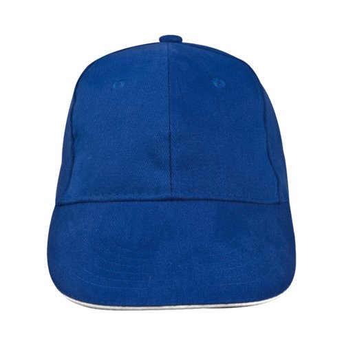 Casquette de baseball bleue à 6 panneaux en coton avec sangle réglable.