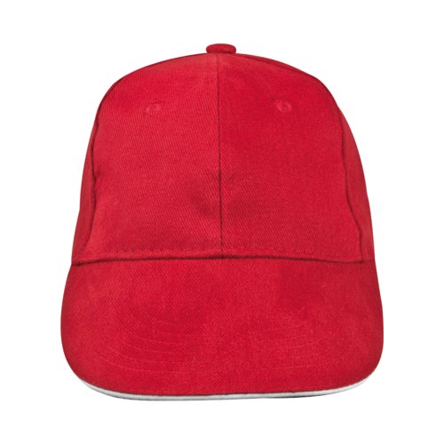 Casquette de baseball rouge en tissu à six panneaux.