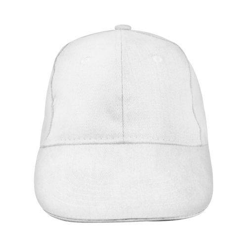 Casquette de baseball blanche en tissu à six panneaux.