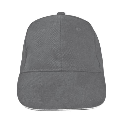 Casquette de baseball grise en tissu à six panneaux.