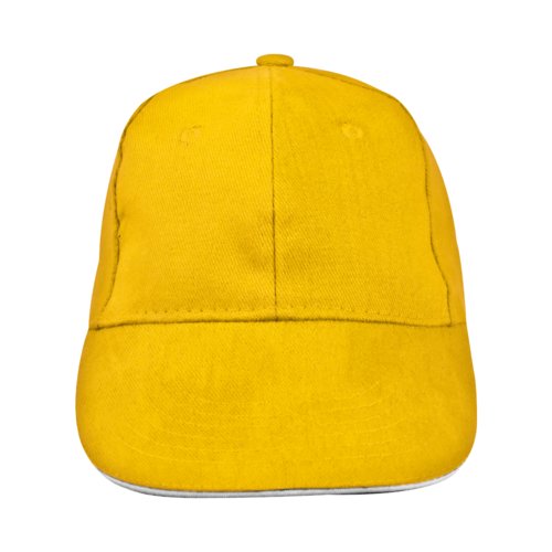 Casquette de baseball jaune en tissu à six panneaux.
