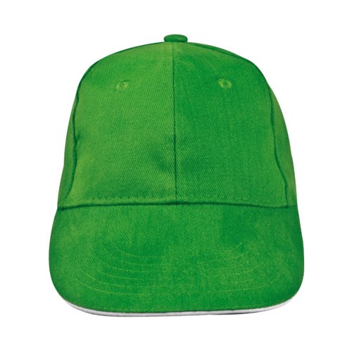Casquette de baseball verte en tissu à six panneaux.