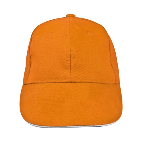 Casquette de baseball orange à 6 panneaux en tissu avec front renforcé.