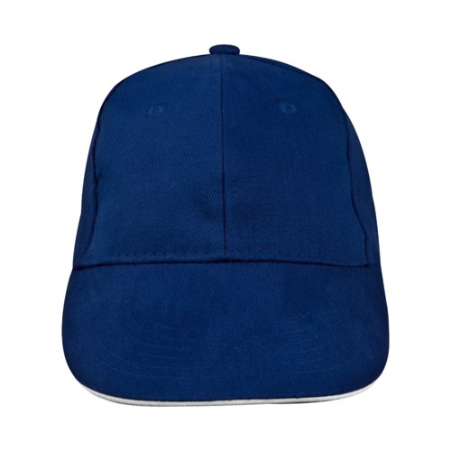 Casquette de baseball en tissu bleu foncé à six panneaux.