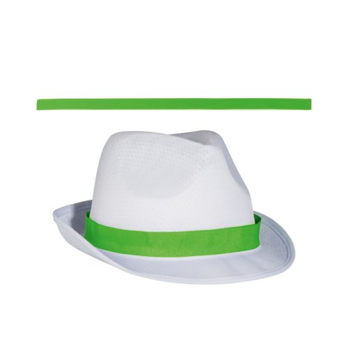Chapeau blanc style Memphis avec bande de couleur.