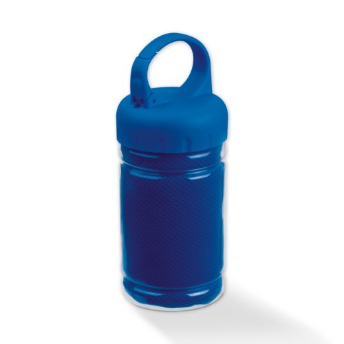 Serviette de sport textile bleue avec rcipient de stockage.