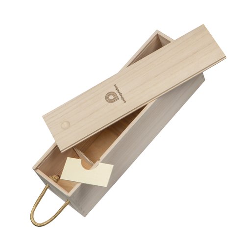 Caisse à vin beige en bois avec couvercle et poignées en corde.