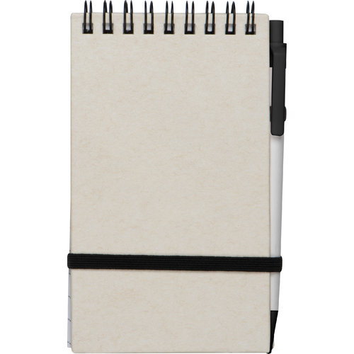 Bloc-notes à spirale beige en carton de lait recyclé avec élastique.